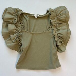 Beivy Ruffled Sleeve Shirt Small Cropped Sage Tan